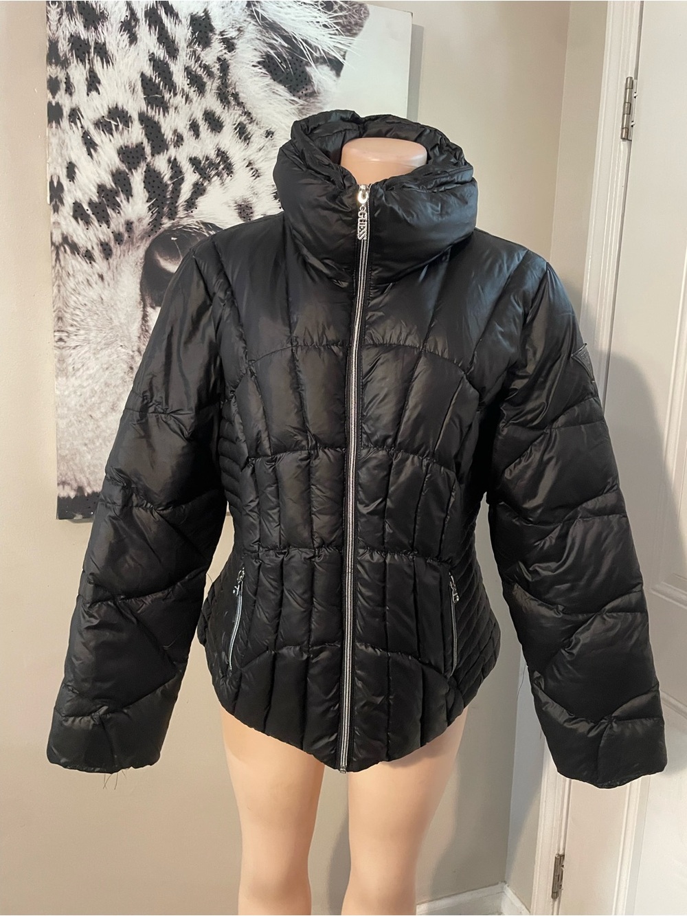 Guess Quilted Puffer Down Black Winter Jacket Coat stand collar logo winter XL